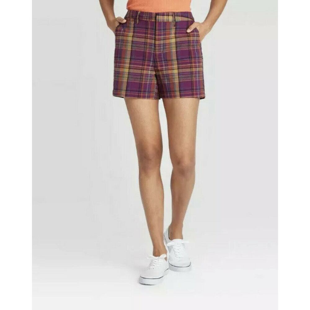 New A New Day Womans Sz 6 Chino Shorts Purple Plaid Stretch Pockets NWT